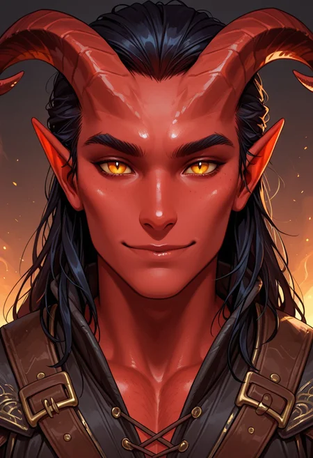 masterpiece, best quality, amazing quality, 1boy, tiefling, pointy ears, horns, looking at viewer, portrait, red skin, smile, man,