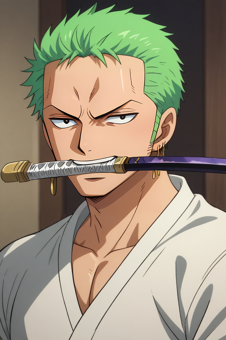 score_9, score_8_up, score_7_up, source_anime, , anime screencap, anime coloring, , , upper body, depth of field, 1boy, solo, male focus, <lora:zoro_roronoa_pony:0.82>, zoro_roronoa, green hair, black eyes, short hair, , earrings, , sideburns, katana, , mouth hold, teeth, , , , , <lora:sdxl_lightning_8step_lora:1>