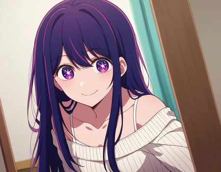 score_9, score_8_up, score_7_up, source_anime,
aihoshino, <lora:ai-hoshino-s1-ponyxl-lora-nochekaiser:1>,
ai hoshino, long hair, bangs, purple eyes, purple hair, symbol-shaped pupils,
long sleeves, sweater, ribbed sweater, camisole, white camisole,
indoors, smile, bent over,
looking at viewer, cowboy shot, dutch angle, solo,