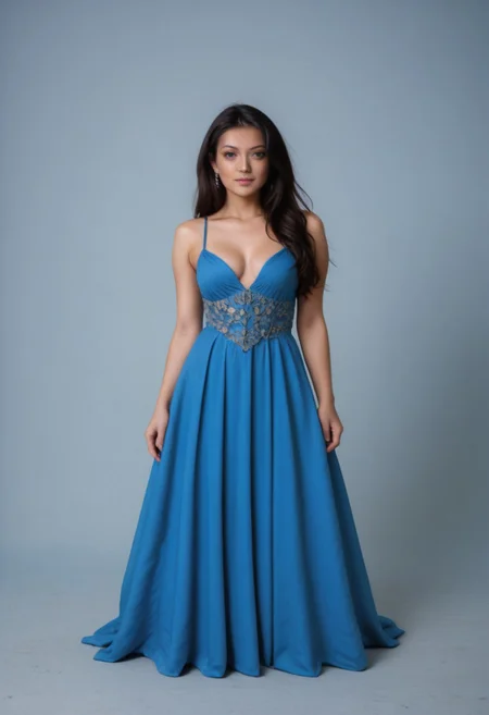 girl photo model, beautiful body, visible ribs, 22 years old, black hair, turns around, studio photo, slim, big boobs, random photo model pose, ((Ceceline)), sexy mini blue dress
