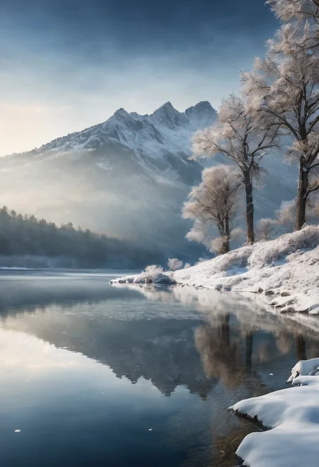 Winter scenery, winter lake, quiet lake,  tree on the shore of a lake,  beautiful lake reflecting beautiful mountains, dappled sunlight, diamond dust, sunlight,  blue sky, day, beautiful view, mysterious glow, beautiful clouds, depth of field, masterpiece, best quality, 8k, ultra-detailed, very aesthetic, superb composition, finest details, intricate details, absurdres, high contrast,