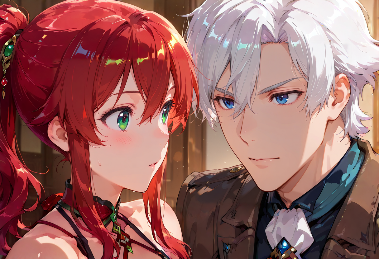 <lora:ATRex_style:0.4> TRexStudio , anime screencap, anime coloring, <lora:Eyes_Lora_Pony_Perfect_eyes:0.5>, 1girl, 1boy, <lora:noobai_vpred_1_masterpieces_v23:0.5>, masterpiece, best quality,
BREAK <lora:Alethea:0.8>, red hair, green eyes, Alethea
BREAK <lora:Samuel_von_Heathcliff:0.8>, White hair, blue eyes, Samuel von Heathcliff,