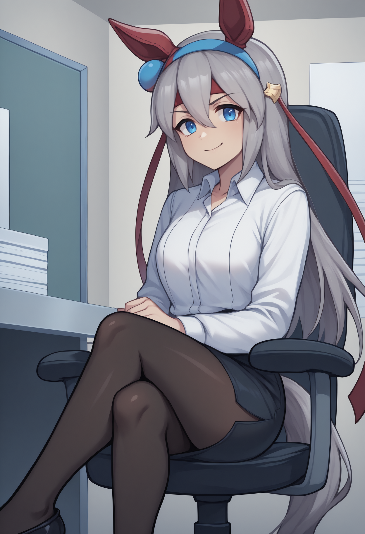 anime, masterpiece, best quality, feet out of frame, solo, 1girl, tmcsdef, grey tail, horse tail, smile, looking at viewer, sitting, office chair, crossed legs, long hair, grey hair, hair between eyes, blue hairband, red headband, animal ears, blue eyes, white shirt, collared shirt, long sleeves, black skirt, pencil skirt, black pantyhose, indoors, office, cubicle
<segment:yolo-Anzhc Face seg 640 v2 y8n.pt,0.4,0.5//cid=1>