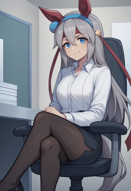 anime, masterpiece, best quality, feet out of frame, solo, 1girl, tmcsdef, grey tail, horse tail, smile, looking at viewer, sitting, office chair, crossed legs, long hair, grey hair, hair between eyes, blue hairband, red headband, animal ears, blue eyes, white shirt, collared shirt, long sleeves, black skirt, pencil skirt, black pantyhose, indoors, office, cubicle
<segment:yolo-Anzhc Face seg 640 v2 y8n.pt,0.4,0.5//cid=1>