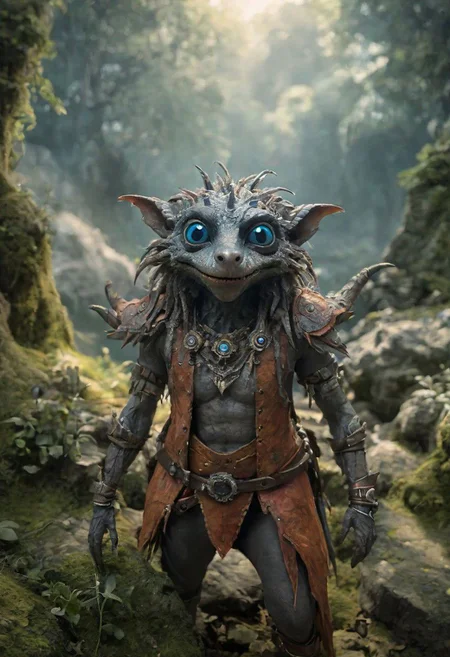 photography in the style of Labirynth, the dark crystal movies , fantasy books, rpg games, close up of (nature) and (crazy) creature with a (diminute) sword stained with (magic), in a beautiful and ruined ,fantasy,hyper detailed, real skin imperfections, hard lighting, bokeh, ((curi:1.2))(inspire forms in most beautiful creatures:1.4) (crazy:1.4) (ambient craziness:1.4)(beautiful colors in fantasy world:1.4) (amazing luminous particles floating in the air:1.5)smiling