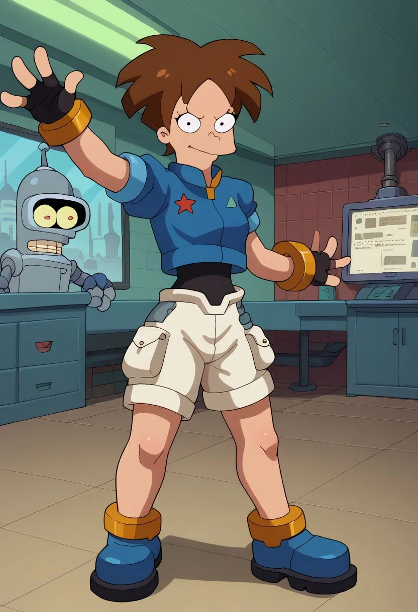 score_9, score_8_up, score_7_up, english text, 1girl, small breasts, brown hair, short hair, circle eyes, dot pupil, overbite, robot ears, black bodysuit, fingerless gloves, blue Cropped Jacket, cropped jacket, short sleeves, bracelet, shorts, anklet, shoes, blue footgear, henshin pose, arm up, looking at viewer, legs apart, outstretched arm, standing, source_cartoon, futuramastyle, indoors, laboratory