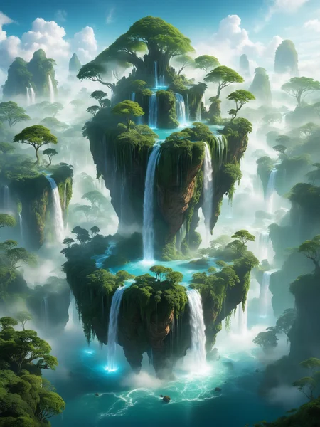 surreal digital art of a floating island with cascading waterfalls, lush greenery, and ethereal mist, otherworldly landscape, vibrant colors, intricate details, perfect lighting, 8k resolution, glowing elements, dynamic composition