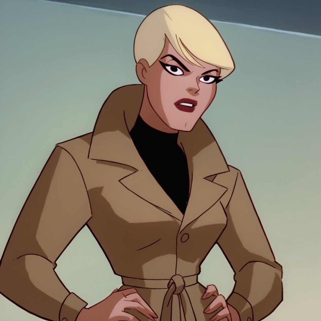 score_9, score_8_up, score_7_up, 1girl, solo, lipstick, blonde hair, short hair, black eyes, coat, looking at viewer, Maggie Sawyer (dc), hands on hips