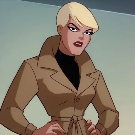 score_9, score_8_up, score_7_up, 1girl, solo, lipstick, blonde hair, short hair, black eyes, coat, looking at viewer, Maggie Sawyer (dc), hands on hips