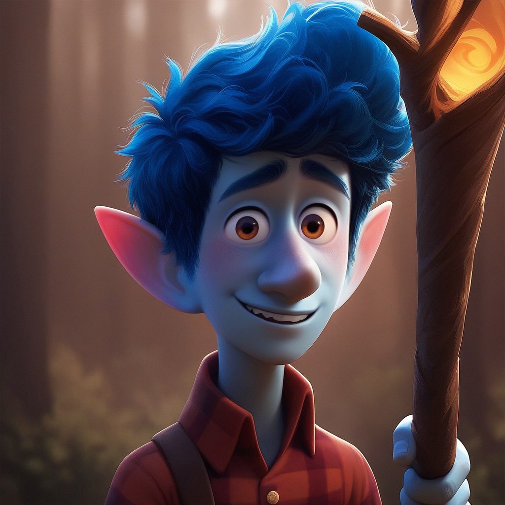 score_9, score_8_up, score_7_up, score_6_up,
1 boy, perfect face, young, solo, male focus, portrait, pubic hair, blue hair,  looking at viewer, ian lightfoot, male elf, pointy ears, blue skin, short hair, red plaid shirt, smiling, holding a staff, upper body, forest background, cute