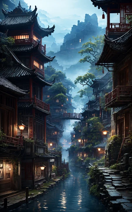 traditional chinese landscapemasterpiece, best quality, 32k uhd, insane details, intricate details, hyperdetailed, hyper quality, high detail, ultra detailed, Masterpiece, 1girl,
 <lora:~Q?-l4Nafo traditional chinese landscape:0.8>