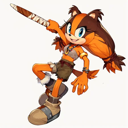 score_9, score_8_up, score_7_up, score_6_up, score_5_up, score_4_up, BREAK, <lora:sticksthebadger:1>, sticks the badger, 1girl, solo, long hair, looking at viewer, smile, open mouth, simple background, brown hair, white background, animal ears, jewelry, tail, full body, shorts, necklace, arm up, bracelet, furry, body fur, furry female, orange fur, two-tone fur, blue eyes, holding, holding boomerang