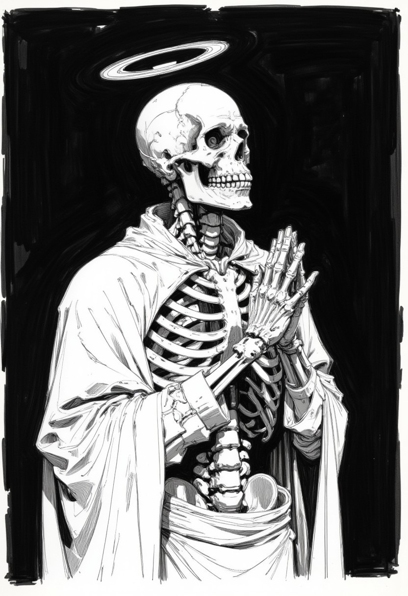 This is a black-and-white, highly detailed rough drawing sketch of a mummified skeleton with a halo, positioned in a prayerful pose. The skeleton's ribcage is exposed, and it wears tattered, white cloth draped over its shoulders. The background is dark, creating a stark contrast that emphasizes the skeleton's skeletal structure. The lighting is focused on the skeleton, highlighting its intricate details. The camera angle is slightly above and to the side, capturing the skeleton's head and upper torso in profile.