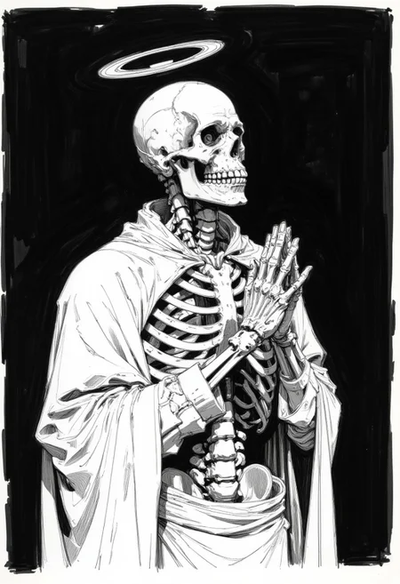 This is a black-and-white, highly detailed rough drawing sketch of a mummified skeleton with a halo, positioned in a prayerful pose. The skeleton's ribcage is exposed, and it wears tattered, white cloth draped over its shoulders. The background is dark, creating a stark contrast that emphasizes the skeleton's skeletal structure. The lighting is focused on the skeleton, highlighting its intricate details. The camera angle is slightly above and to the side, capturing the skeleton's head and upper torso in profile.