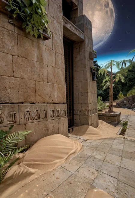 score_9, score_8_up, score_7_up, BREAK, RAW, photo, 8k, very sharp, very detailed, realistic, real, hyper realistic, Photorealistic, real photo, no people, no humans
distant structures, sky, stars, moon, tiles, tomb, sand, plants, obelisk, trees, stone wall,
 <lora:Unreal Tournament 2004 - Facing Worlds - Sun Blade_epoch_12:0.7> facing3worlds,