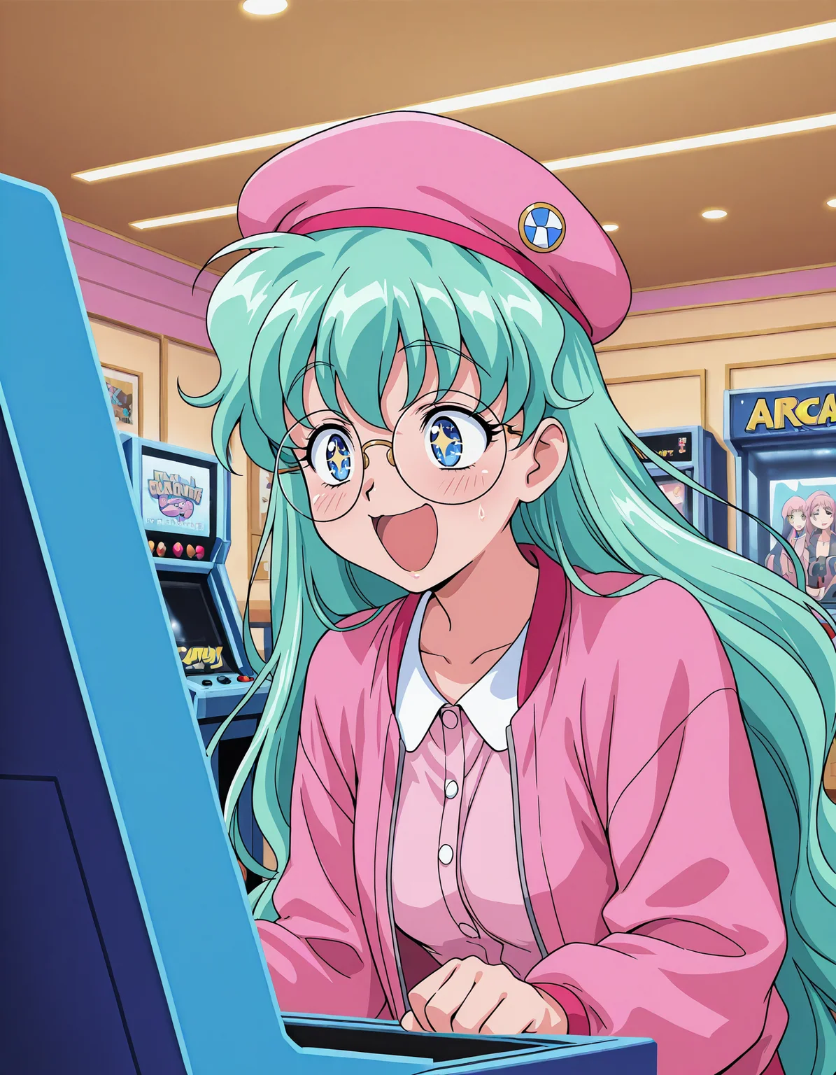 <lora:viper-f40-illustrious-000012:0.75> seera, round eyewear, beret, pink jacket
1girl, solo, excited, indoors, arcade cabinet, sparkling eyes