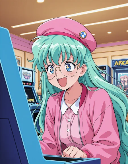 <lora:viper-f40-illustrious-000012:0.75> seera, round eyewear, beret, pink jacket
1girl, solo, excited, indoors, arcade cabinet, sparkling eyes