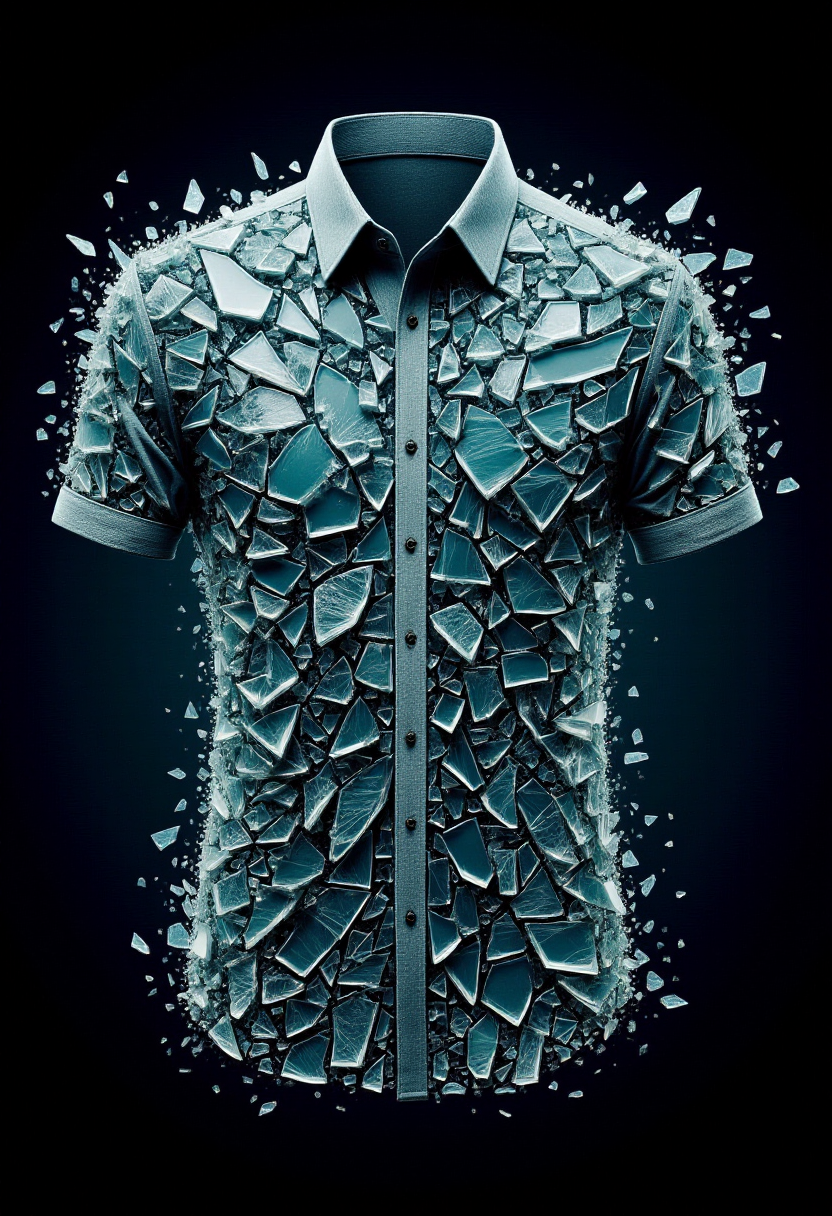 <lora:Glass_Fracture_Former_FLUX-000017:0.9>
This is a digital artwork featuring a stylized, surreal image of a dress shirt made entirely of shattered glass.