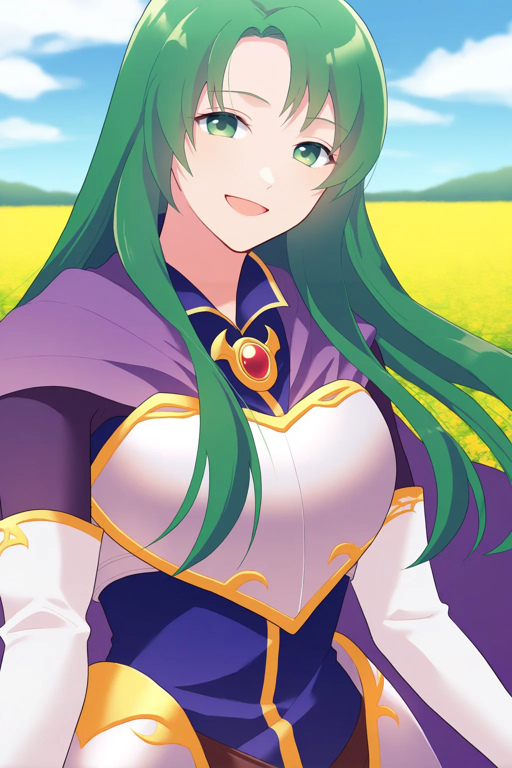 masterpiece, best quality, 1girl, solo, <lora:fececilia-illu-nvwls-v1-000005:1> dfCla, green hair, green eyes, purple cape, brooch, armored dress, purple dress, elbow gloves, white gloves, belt, upper body, blue sky, field, clouds, smile, happy, looking at viewer, portrait