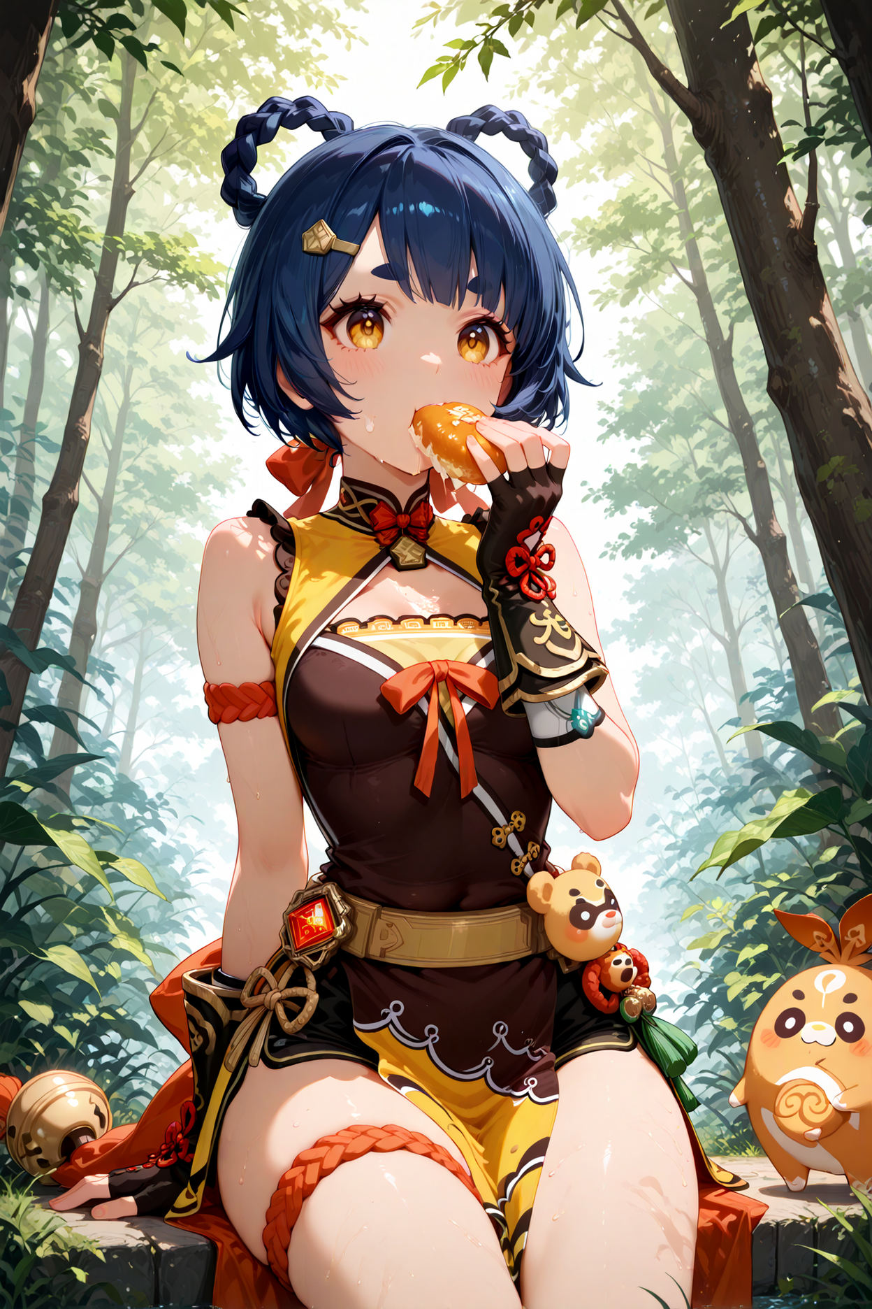 1girl, xiangling \(genshin impact\), eating, nature, masterpiece, best quality