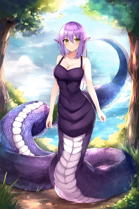1girl,  lamia, scales, tail, standing, full body, smile,, masterpiece, best quality, masterpiece, <lora:AIOMonstergirlLoRA:1>