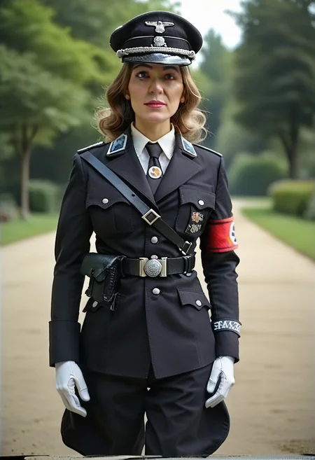 score_9, score_8_up, score_7_up, v1nt4gevhs, 80s video, low quality, blurry, static noise, home video, solo, mature woman, military uniform, black jacket, necktie, shoulder strap, belt, pants, gloves, peaked cap, armband, boots