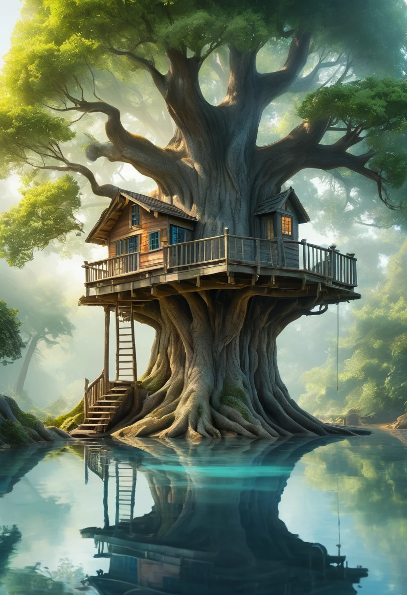 a treehouse built into a large tree, a tree leaning over a calm reflective pool, <lora:Artfully_TREES2-000003:0.6>, captured in dynamic perspective, a journey into endless detail, digitally painted with vibrant colors, rendered with soft smoky edges, painted in watercolor, the depth of a dreamlike haze masterpiece, detailed, best quality, absurd resolution uhd, 8k,