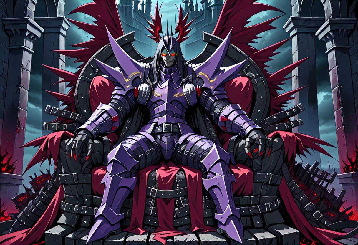 a dexdoru knight covered in belts sits upon a throne made of belts in a gloomy gothic castle,anime style,scene from hellsing,menacing