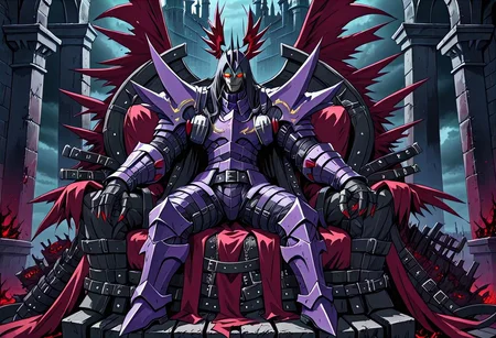 a dexdoru knight covered in belts sits upon a throne made of belts in a gloomy gothic castle,anime style,scene from hellsing,menacing