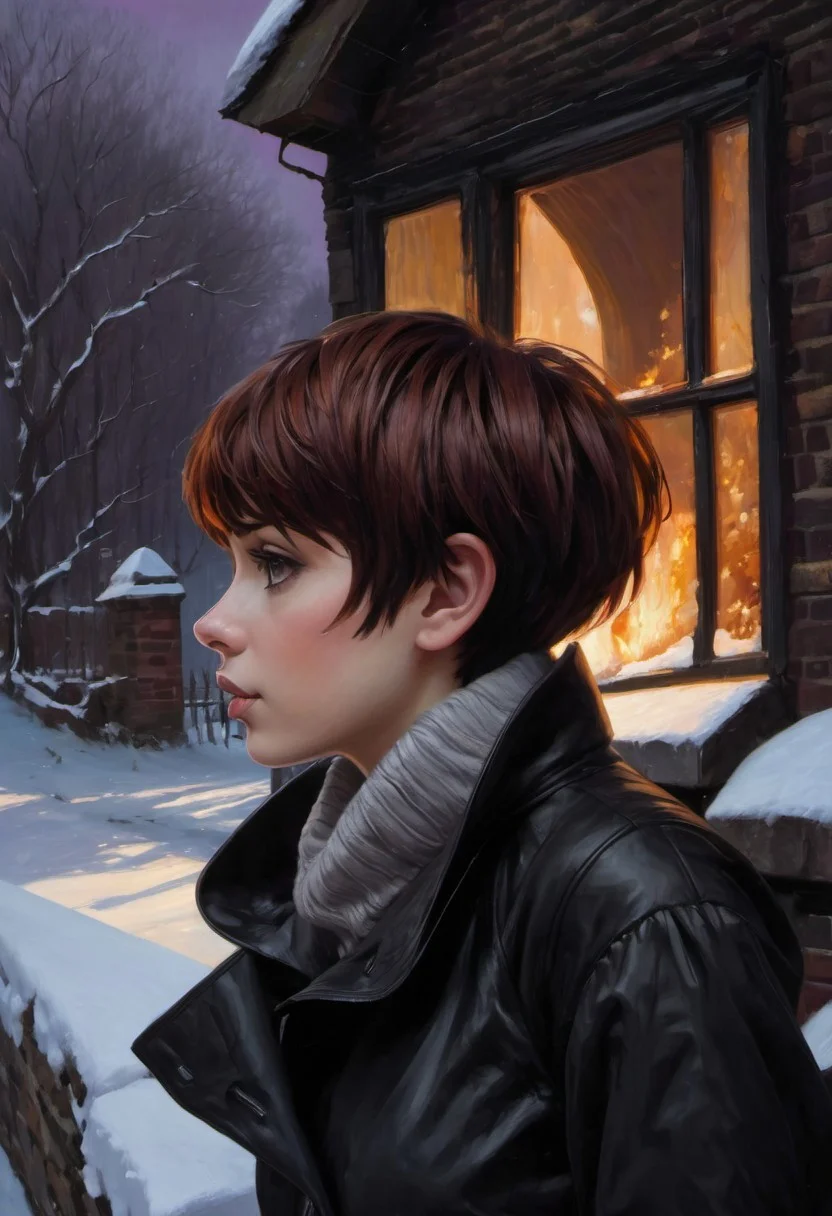 (((anime oil painting))), (((turning side view))), (((short cute girl wearing summer clothes))), (((short straight dark-ginger/black textured side-swept pixie-cut hair))), ((embarrassed expression)), (((vagina))), ((medium breasts)), (((snub-nose))), ((dimples)), ((dark eyes)), (((side-boob))), ((off-shoulder)), (tanned skin), mittens, old sneakers, (((turning to look over shoulder))), (deserted dark English village), distant small quaint church, snow, ((evening)), Intricate textures, (high detailed skin:1.7),