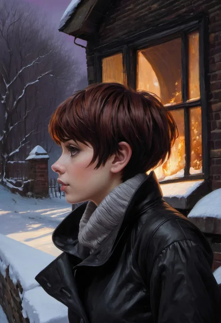 (((anime oil painting))), (((turning side view))), (((short cute girl wearing summer clothes))), (((short straight dark-ginger/black textured side-swept pixie-cut hair))), ((embarrassed expression)), (((vagina))), ((medium breasts)), (((snub-nose))), ((dimples)), ((dark eyes)), (((side-boob))), ((off-shoulder)), (tanned skin), mittens, old sneakers, (((turning to look over shoulder))), (deserted dark English village), distant small quaint church, snow, ((evening)), Intricate textures, (high detailed skin:1.7),