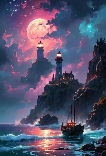 Under the eerie glow of a full moon, a dark and ominous landscape unfolds. A vibrant, colorful ship stands by the edge of a serene ocean, its vivid hues contrasting starkly with the foreboding atmosphere. In the background, a lighthouse stands atop jagged rocks, its light cutting through the darkness and reflecting off the ocean's surface, glistening in the moonlight. Thick, swirling clouds loom overhead, adding to the sense of an evil presence. The moonlight filters through the clouds, casting an otherworldly glow over the scene. A falling star streaks across the sky, adding a touch of mysticism to the night. The air is thick with a sense of ancient secrets and dark magic, as if the very night is alive with hidden power. romantic impressionism,dream scenery art,beautiful oil matte painting,romantic,style of thomas kinkade,beautiful digital painting,anime landscape,romantic painting,dreamlike digital painting,colorful painting,beautiful gorgeous digital art,style of greg rutkowski,janek sedlar,jenny saville