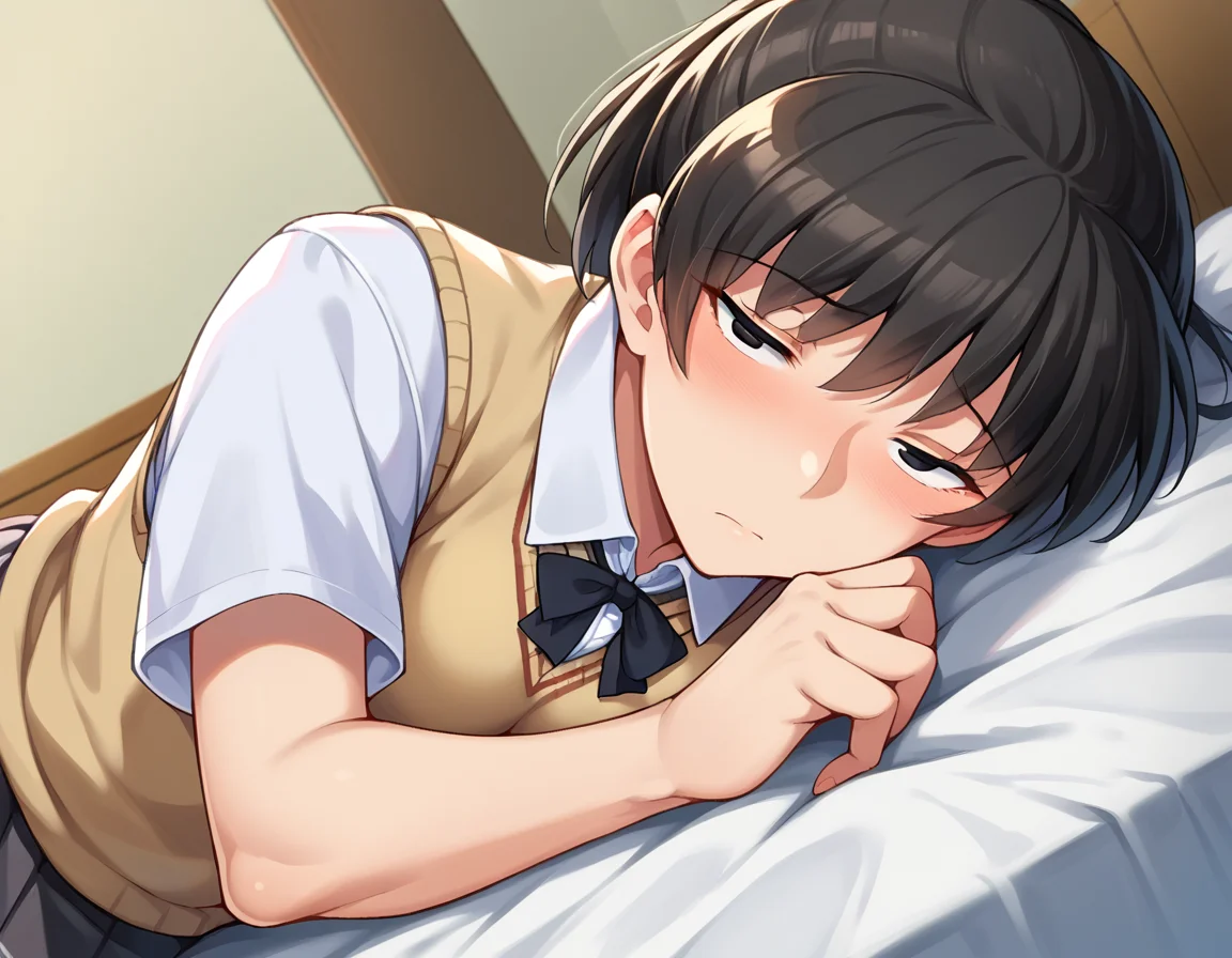 score_9, score_8_up, score_7_up, source_anime,
hibikitsukahara, <lora:hibiki-tsukahara-ponyxl-lora-nochekaiser:1>
hibiki tsukahara, black eyes, black hair, ponytail, narrow eyes, slanted eyes,
kibito high school uniform, school uniform, sweater vest,
indoors, bed, bed room, on side, blush, drunk,
looking at viewer, dutch angle, cowboy shot,