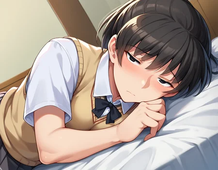 score_9, score_8_up, score_7_up, source_anime,
hibikitsukahara, <lora:hibiki-tsukahara-ponyxl-lora-nochekaiser:1>
hibiki tsukahara, black eyes, black hair, ponytail, narrow eyes, slanted eyes,
kibito high school uniform, school uniform, sweater vest,
indoors, bed, bed room, on side, blush, drunk,
looking at viewer, dutch angle, cowboy shot,