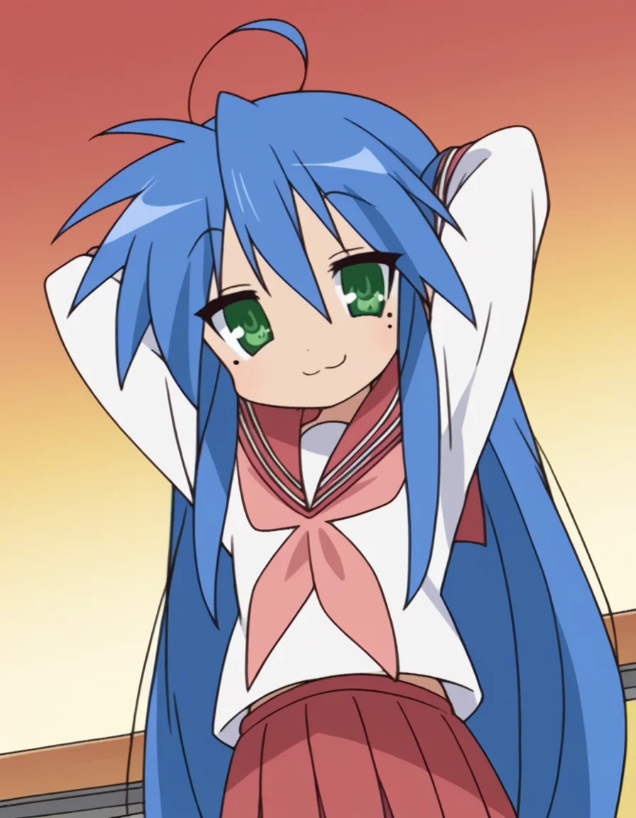 score_9, score_8_up, score_7_up, source_anime, <lora:konata-izumi-s1-ponyxl-lora-nochekaiser:1>, konata izumi, long hair, very long hair, green eyes, blue hair, ahoge, mole, mole under eye,, skirt, long sleeves, school uniform, pleated skirt, serafuku, sailor collar, neckerchief, red skirt, ryouou school uniform,, restaurant, laughter, good food, warm lighting, celebration, smile, hands behind head,, looking at viewer, solo,, dutch angle, cowboy shot