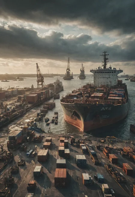 cargo ship being loaded at a port,sunny day
Wide range of colors., Dramatic,Dynamic,Cinematic,Sharp details
Insane quality. Insane resolution. Insane details. Masterpiece. 32k resolution.
<lora:add-detail-xl:0.95> <lora:dvr-lnds-sdxl:0.3> dvr-lnds-sdxl <lora:MJ52:0.25> <lora:ral-apoctvisn-sdxl:0.3> ral-apoctvisn <lora:zavy-cntrst-sdxl:0.35> dark, chiaroscuro, low-key <lora:zavy-rmlght-sdxl:0.41> zavy-rmlght <lora:SDXLFaeTastic2400:0.225>