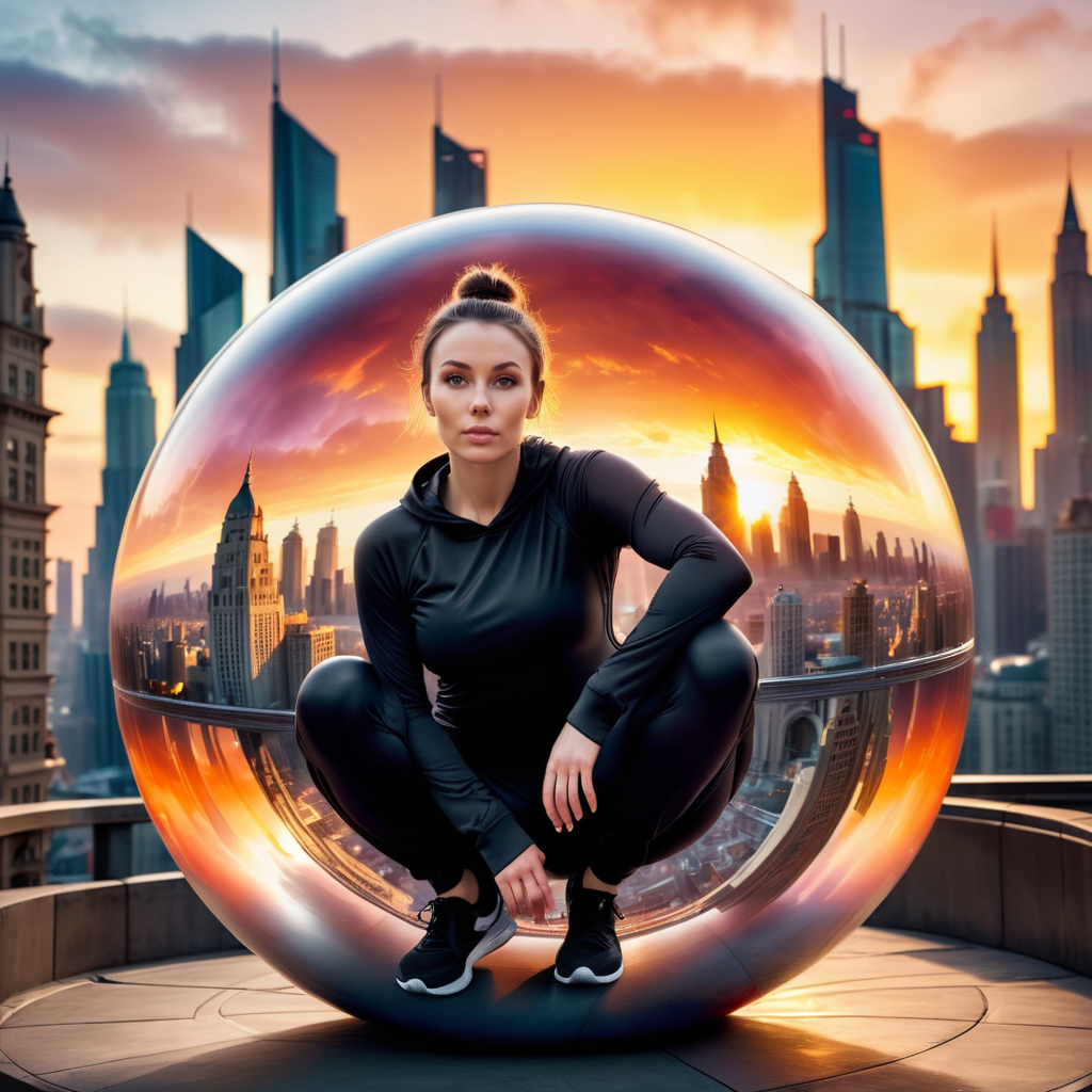 1 girl, solo ,27yo, a woman posing (((inside))) of a giant Jed-Gball, wearing a black jogging outfit and is surrounded by a city by day with a fantastic sunset in background,  <lora:Jed-Glassball:0.7>,