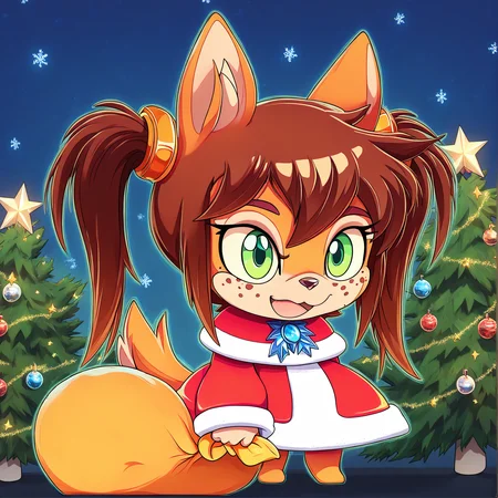 padoru <lora:padoru-IL-1.0:1>, masterpiece, perfect quality, best quality, anime coloring, Rocketgirl, 1girl, solo, animal ears, furry female, tail, brown hair, long hair, green eyes, bangs, freckles, brown fur, sidelocks, twintails, two-tone fur, christmas background <lora:Rocketgirl_v05:1>