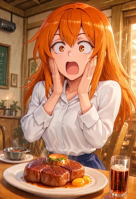 1girl, solo, masterpiece, best quality, newest, absurdres, CG, anime, source anime, illustration, very aesthetic, high resolution, ultra-detailed, newest, scenery, medium depth of field, rule of thirds, masterpiece-level, clean lines, 
BREAK 1girl, ((solo)), (solo focus:1.25), Gamou_Maki, orange_eyes, orange_hair, long_hair, hair_between_eyes, medium_breasts
 school_uniform, white_shirt, collared_shirt, pleated_skirt, blue_skirt, sleeves_rolled_up
dynamic pose, sitting on the chair behind table, delicious food, surprised, hands on own face, food focus, dutch angle, upper body
indoors, restaurant, cozy, candles, plate with meal, soft drink, big beef steak on the plate, cow bell near plate
motion lines, cinematic angle, various angles, detailed background, beautiful background, (rays light:1.0),(grow:1.0) mystical, luminism, vibrant colors, light particles