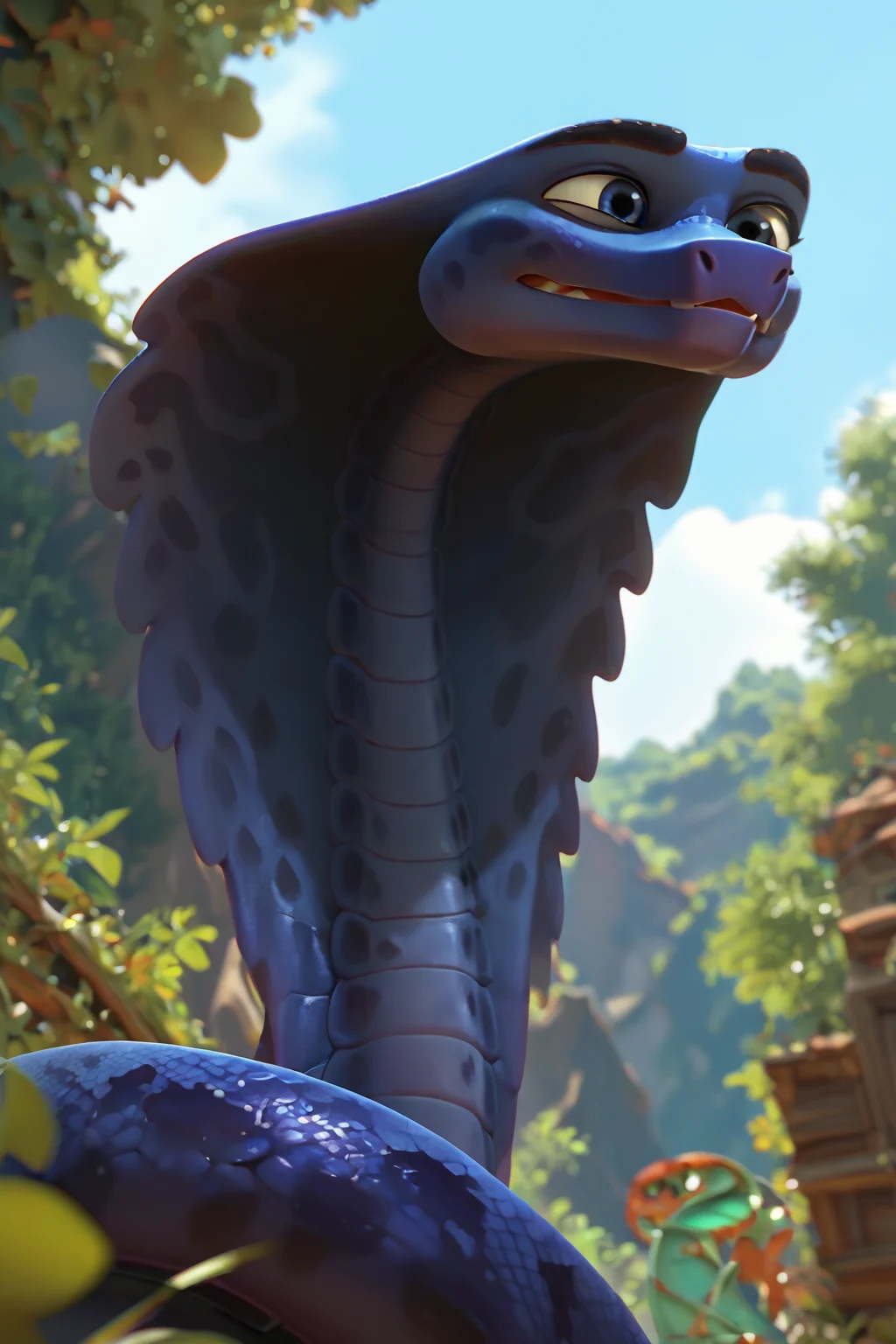 score_9, score_8_up, score_7_up, score_6_up, low angle, Snake, reptile, blue and dark blue scales, male, blue eye, forest background, <lora:Ajar_Sahara_2017_PonyXL:1>