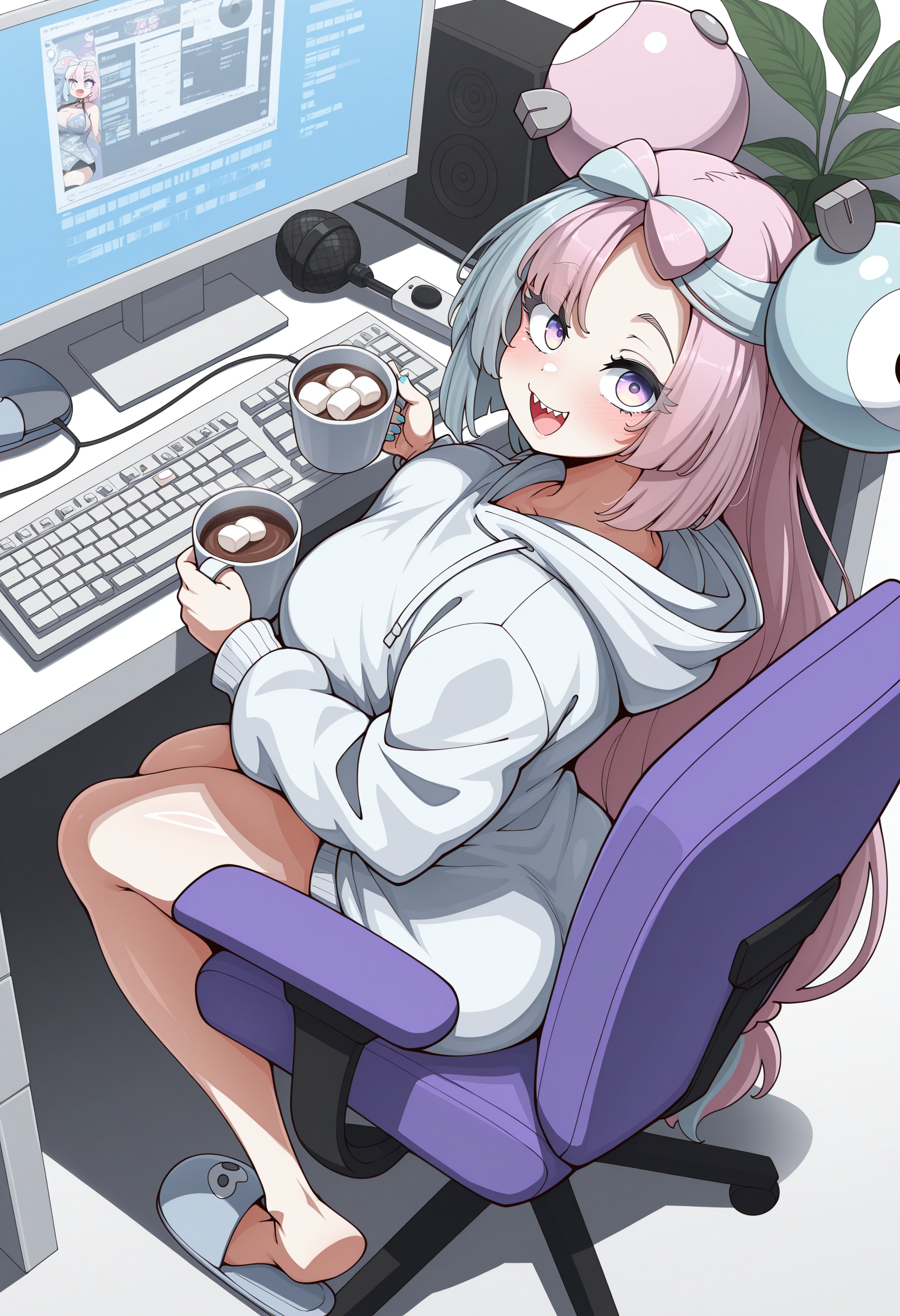 <lora:konoshige:1> , konoshige style,masterpiece, highres, absurdres,amazing quality, best quality, detailed background, 8k, 1girl, iono (pokemon),blush,box,box of chocolates,braid,breasts,cellphone,computer keyboard,computer mouse,controller,cup,fingernails,food,from above,game controller,holding,holding cup,hood,hoodie,hot chocolate,large breasts,legs,looking back,marshmallow,microphone,monitor,mug,nail polish,open mouth,phone,plant,plate,ribbon,slippers,smartphone,solo,spoon,swivel chair,unworn slippers,upturned eyes