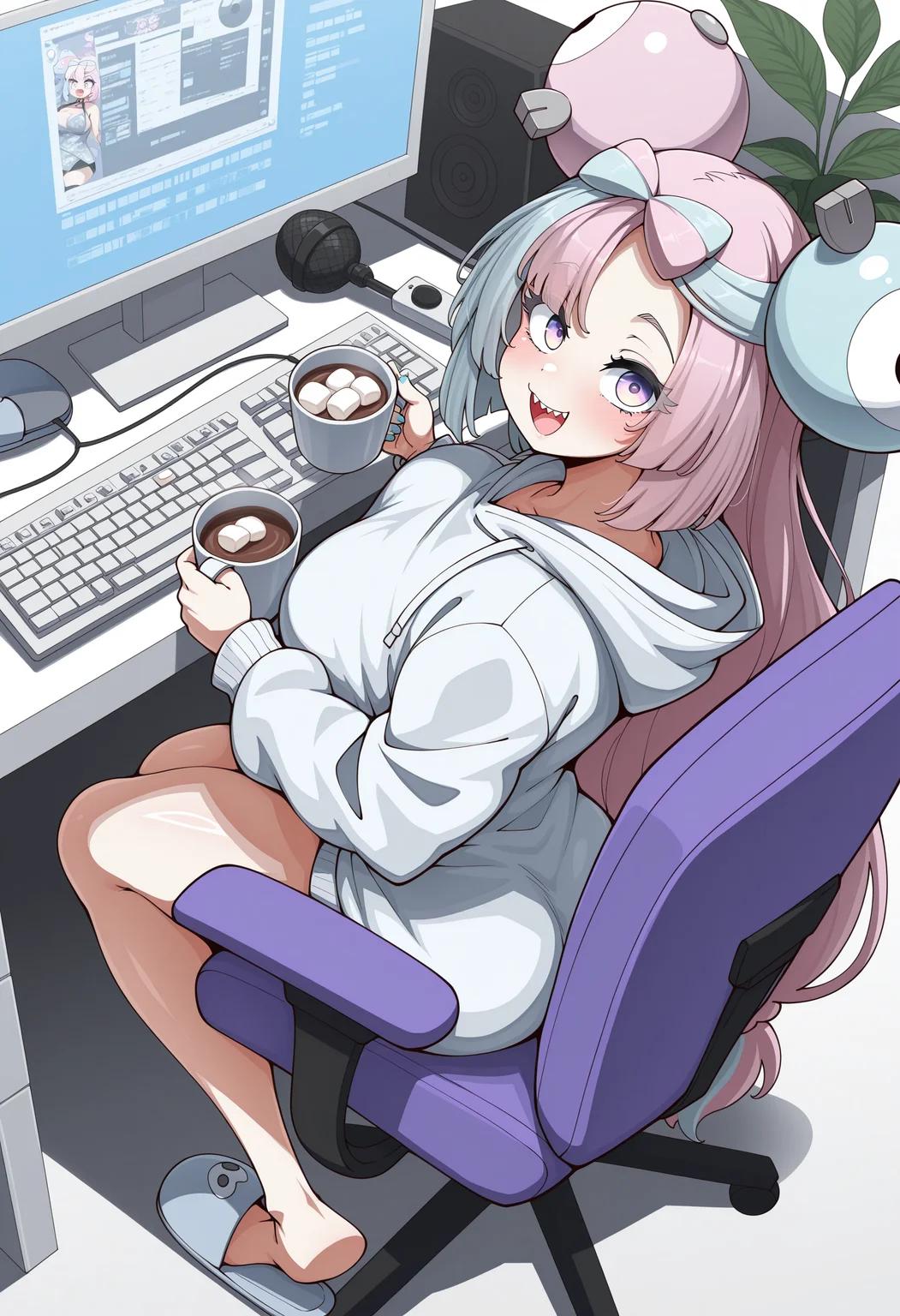 <lora:konoshige:1> , konoshige style,masterpiece, highres, absurdres,amazing quality, best quality, detailed background, 8k, 1girl, iono (pokemon),blush,box,box of chocolates,braid,breasts,cellphone,computer keyboard,computer mouse,controller,cup,fingernails,food,from above,game controller,holding,holding cup,hood,hoodie,hot chocolate,large breasts,legs,looking back,marshmallow,microphone,monitor,mug,nail polish,open mouth,phone,plant,plate,ribbon,slippers,smartphone,solo,spoon,swivel chair,unworn slippers,upturned eyes
