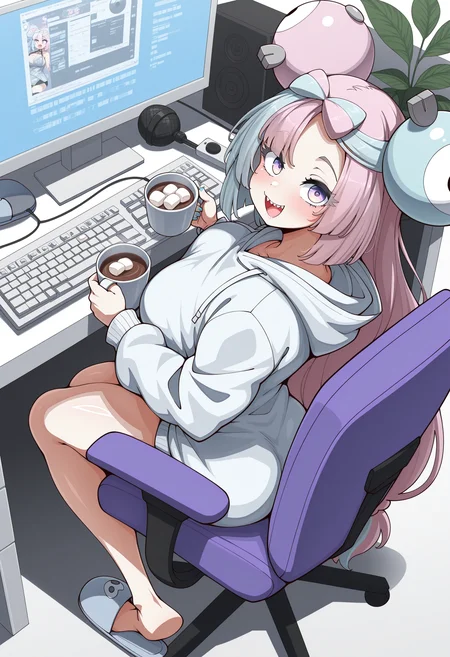 <lora:konoshige:1> , konoshige style,masterpiece, highres, absurdres,amazing quality, best quality, detailed background, 8k, 1girl, iono (pokemon),blush,box,box of chocolates,braid,breasts,cellphone,computer keyboard,computer mouse,controller,cup,fingernails,food,from above,game controller,holding,holding cup,hood,hoodie,hot chocolate,large breasts,legs,looking back,marshmallow,microphone,monitor,mug,nail polish,open mouth,phone,plant,plate,ribbon,slippers,smartphone,solo,spoon,swivel chair,unworn slippers,upturned eyes