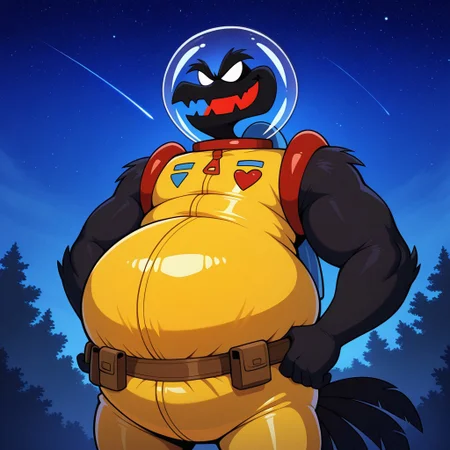 Psy-crow, black feathers, all black body, fangs, blank eyes, red inner mouth, white eyes, bushy eyebrows, feathered arms, black tail feathers, pear shaped body, big belly, yellow and red space suit, space helmet, utility belt, male, 1boy, furry male, solo, evil smile, smug, best quality, masterpiece, best quality, amazing quality, very aesthetic, absurdres, newest, high quality, starry night sky, night, moonlight, outdoors