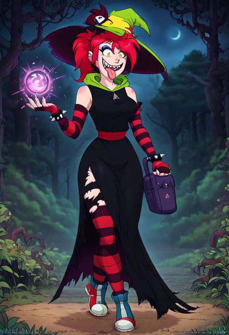 ((score_9, score_8_up, score_7_up, best quality, masterpiece, smooth shading, solo, full body)), (((haunted forest, dry trees, branches, fog, night, easynegative))), ((female, 1girl)), ((black robe, witch hat:1.30)), ((standing, posing)) ((slim body:1.1)), holding a magical orb in hand, casting a magic spell, female, eyelashes, demencia, red hair, green ponytail, striped thighhighs, single striped sock, anklet, green monster hood, yellow eyes, sharp teeth, single striped sleeve, red sneaker, blue sneaker, smile, eyeshadow, spiked bracelet, torn pantyhose, glove, tongue out
