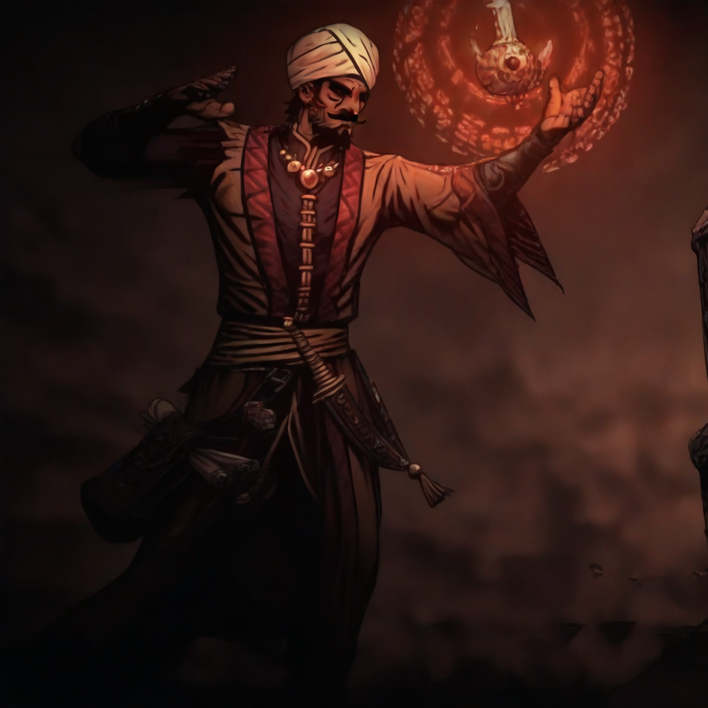 masterpiece, best quality, newest, absurdres, highres, anime, anime style, 1boy, DDOCC-V1.1, turban, headgear, facial hair, mustache, short hair, beard, arabian, arabian male,