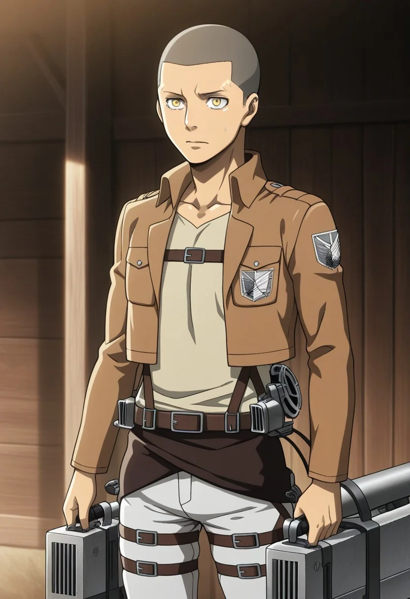 masterpiece, best quality, amazing quality, very aesthetic, absurdres, newest, detailed background, warm natural lighting, lively and bustling atmosphere, background details visible, shiny skin, outdoor,
1boy, ConSpretime, very short hair, buzz cut, yellow eyes, paradis military uniform (jacket, shirt, pants), emblem, three-dimensional maneuver gear, thigh strap