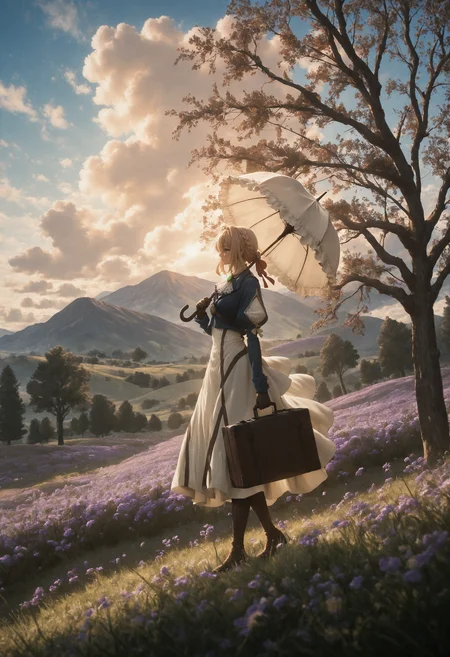 very awa, masterpiece, amazing quality, best quality, newest, very aesthetic, absurdres,
1girl, solo,
violet evergarden, 
full body, walking, parasol, suitcase, facing to the side, holding, holding suitcase, holding violet evergarden's suitcase, holding umbrella, holding violet evergarden's parasol
extra wide shot, from side, from below, cinematic lighting, subject is walking in the distance and the focus is on the scenery,
outdoors, day, field, grass, blue sky, fluffy clouds, warm sunlight, glare,  wild flowers, mountainous horizon, tree,  trees in background, detailed background, scenery, landscape,
dreamy atmosphere, nostalgic, melhanconic, focus scenery,
XUER guangying,
 <lora:NOOB_vp1_detailer_by_volnovik_v1:0.3>  <lora:ponyv6_noobV1_2_adamW:0.3> <lora:KonyaKarasue:0.3>  <lora:ç»ªå¿ åæ¶æå¾åå½±è´¨æå¢å¼ºV3:0.4>