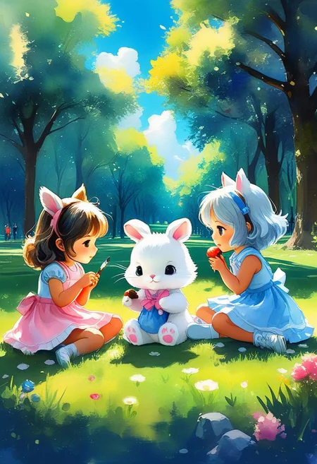 fluorescent horizon, color field painting, luminism, digital brush strokes, cg graphic illustration,
four girlfriends playing in the park with cute dolls like rabbits, cats, squirrels, bears, cinematic, watercolor, anime chibi, sketch, drawing, watercolor painting style, acrylic painting, pixiv fanbox trends, palette knife and brush strokes,
in the style of Jean Baptiste, Simeon Chardin, Alexey Venetsianov, Camille Corot, Ghibli Genshin Impact studio
