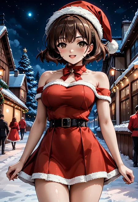 Yumi Omura, solo, pale skin, brown reyes, brown hair, medium hair, medium breasts, santa suit, dress, short dress, red dress, black belt, santa hat, cropped fur, thighs, bare shoulders, christmas theme, outdoors, snow, lights, decorations